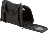 Schwarze Tasche mit Reißverschlüssen und Gurten, geöffnet mit seitlichem Netzfenster und Griffen.