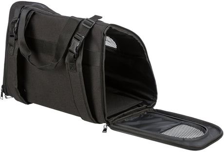 Schwarze Tasche mit Reißverschlüssen und Gurten, geöffnet mit seitlichem Netzfenster und Griffen.
