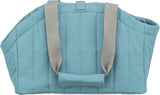 Blaue Tragetasche mit breiten, beigefarbenen Riemen und gestepptem Design.