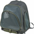 Grauer Rucksack mit grünen Akzenten und Mesh-Einsätzen, rechteckige Form mit Reißverschlüssen und Ösen.
