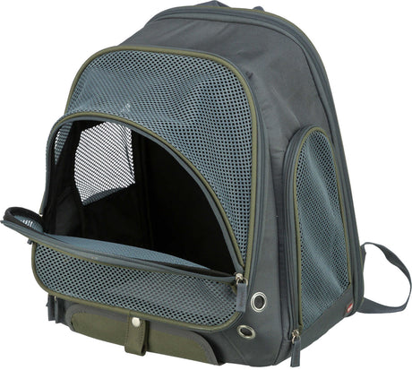 Grauer Rucksack mit mehreren Mesh-Fenstern und Reißverschlüssen, geeignet als Transportlösung.