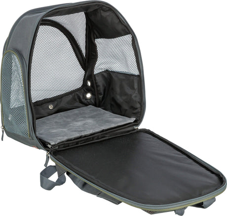 Grauer Rucksack mit Netzfenstern und Reißverschluss, vorne geöffnet, graue Innenpolsterung sichtbar.