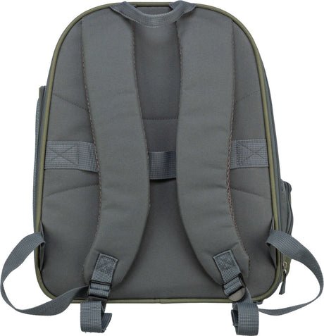 Grauer Rucksack mit gepolsterten Trägern und Riemen aus Stoff, Rückenansicht.