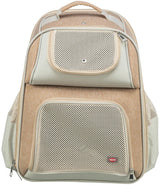 Beiger Rucksack mit mehreren Taschen und Belüftungsgittern, vorne deutlich sichtbar der Markenname Trixie.