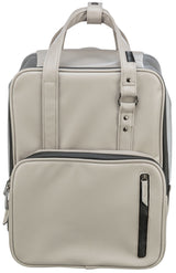 Beige Tasche mit länglichen Henkeln, silbernen Details und Reißverschlusstaschen auf der Vorderseite.