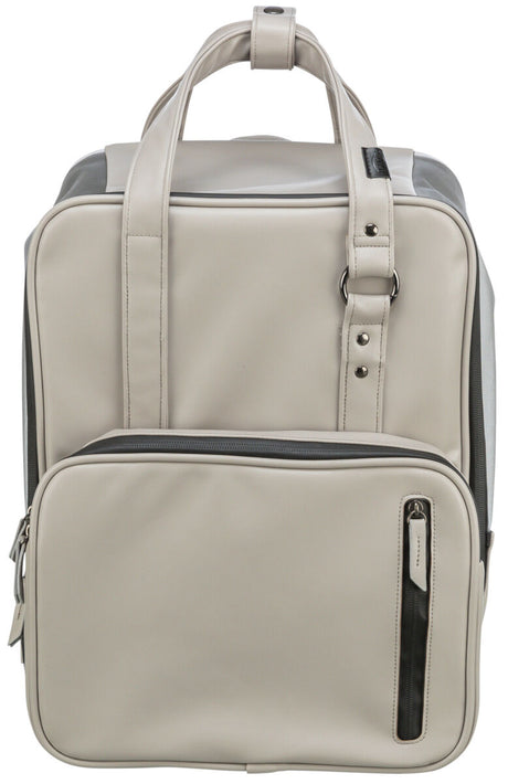 Beige Tasche mit länglichen Henkeln, silbernen Details und Reißverschlusstaschen auf der Vorderseite.