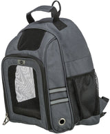 Grauer Rucksack mit mehreren Mesh-Einsätzen, Reißverschlüssen und Tragegriffen sowie seitlichem Netzfach.
