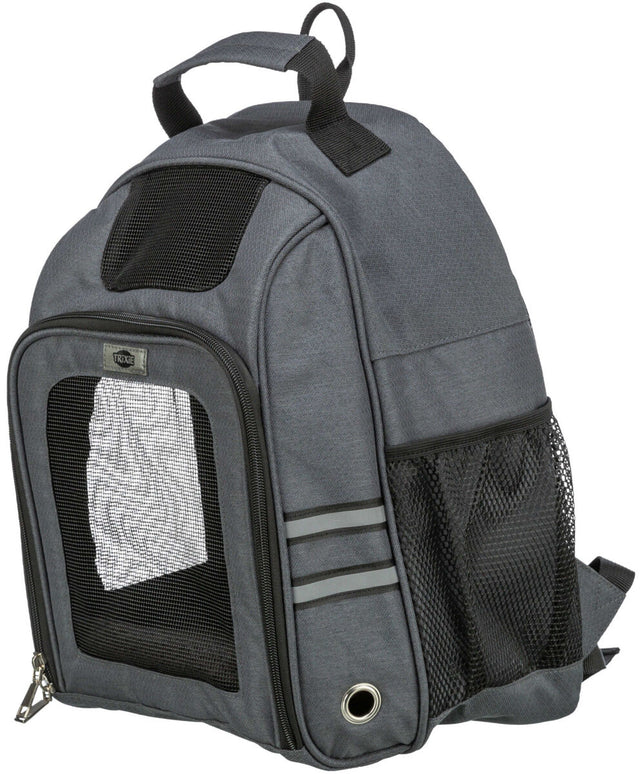 Grauer Rucksack mit mehreren Mesh-Einsätzen, Reißverschlüssen und Tragegriffen sowie seitlichem Netzfach.