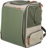 Beige und grüne Transporttasche mit Netzfenstern und Taschen, orange Reißverschlüsse.