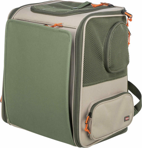 Beige und grüne Transporttasche mit Netzfenstern und Taschen, orange Reißverschlüsse.