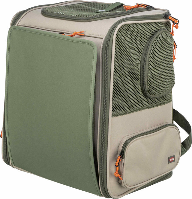 Beige und grüne Transporttasche mit Netzfenstern und Taschen, orange Reißverschlüsse.
