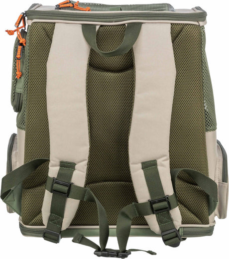 Grüner und beige Rucksack aus Mesh- und Stoffmaterial mit gepolsterten Schultergurten und Reißverschlüssen.