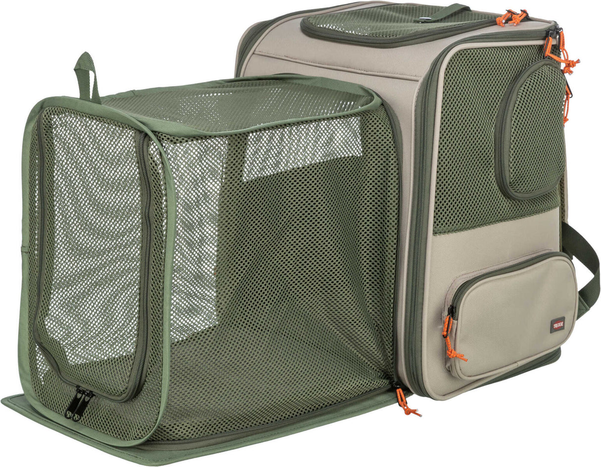 Tragetasche mit grünem Netzgewebe und Reißverschlüssen, in Beige und Olive, mit mehreren Fächern.