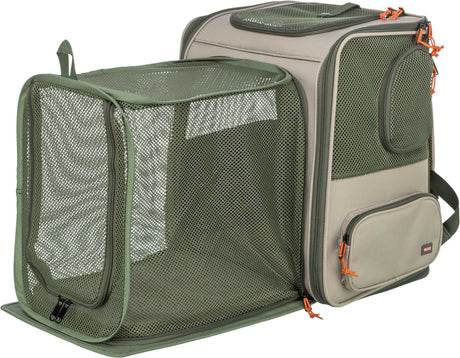 Tragetasche mit grünem Netzgewebe und Reißverschlüssen, in Beige und Olive, mit mehreren Fächern.
