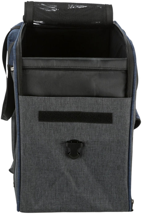 Grau-schwarzer Rucksack mit einem großen Hauptfach, Verschlussschnalle und seitlichem Tragegriff.