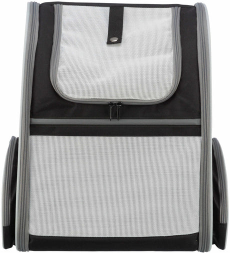 Schwarzer und grauer Transport-Rucksack mit Netzgewebe, Reißverschlüssen und einem Knopf oben.