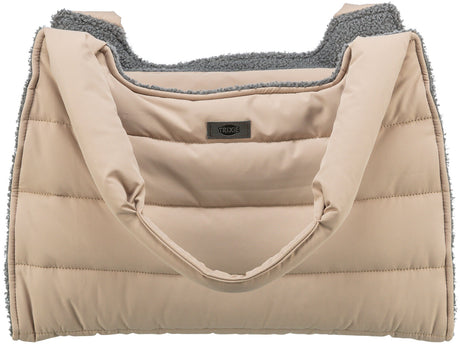 Beige Tragetasche mit gestepptem Design, weichem grauem Innenfutter und einem Etikett mit der Aufschrift "TRIXIE".