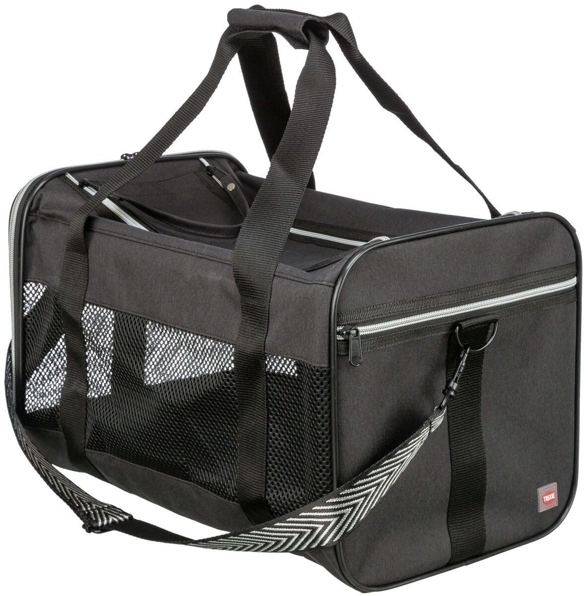 Schwarze Tragetasche mit Mesh-Fenstern, Reißverschlüssen und zwei Griffen, geeignet für den Transport von Tieren.
