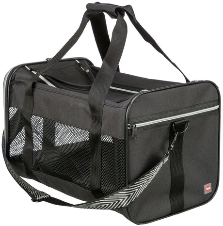 Schwarze Tragetasche mit Mesh-Fenstern, Reißverschlüssen und zwei Griffen, geeignet für den Transport von Tieren.