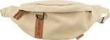 Beigefarbene Gürteltasche mit braunem Lederriemen und Aufschrift "BE NORDIC", sichtbar auf der Vorderseite.