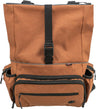 Brauner Rucksack mit mehreren Reißverschlusstaschen und einem schwarzen Clipverschluss in der Mitte.