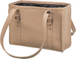 Sandfarbene Tasche mit zwei langen Tragegriffen aus glattem Material und dunklem Innenfutter.