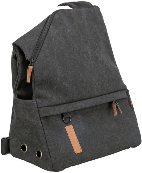 Dunkelgrauer Rucksack mit Reißverschluss und braunen Akzenten, zwei seitlichen Metallösen und Trageschlaufe.