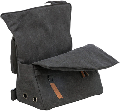Dunkelgrauer Rucksack mit offenen, beigen Reißverschlüssen und verstärkten Rändern, rechteckige Form.