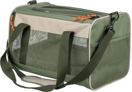 Grün-beige Tragetasche mit Netzseiten und schwarzen Haken, orange Details an den Reißverschlüssen, zwei Tragegurten.