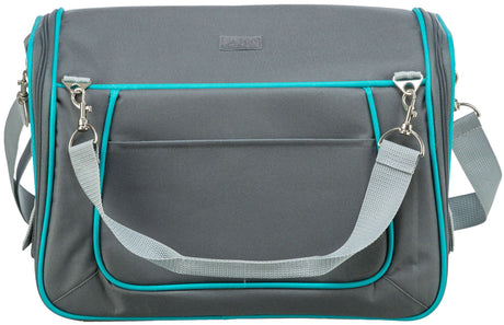 Graue Tasche mit verstellbarem Schulterriemen und blauen Akzenten, silberne Metallkarabiner, Reißverschluss oben.