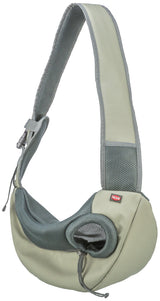 Hellgraue Schultertasche mit Netzdesign und verstellbarem Trageriemen; kleines Logo auf der Vorderseite.