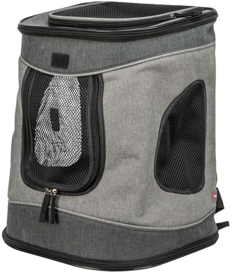 Grauer Transportrucksack mit schwarzem Netzfenstern und Reißverschlüssen, geeignet für den Transport von Tieren.