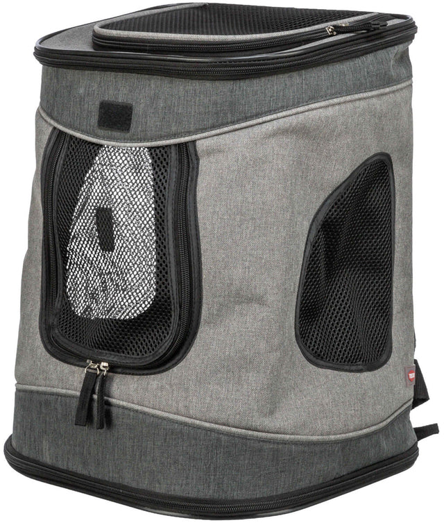 Grauer Transportrucksack mit schwarzem Netzfenstern und Reißverschlüssen, geeignet für den Transport von Tieren.