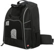 Schwarzer Rucksack mit Netzfenstern und grauen Nähten, gepolsterten Trägern und einem Griff oben.