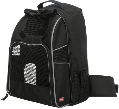 Schwarzer Rucksack mit Netzfenstern und grauen Nähten, gepolsterten Trägern und einem Griff oben.