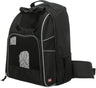 Schwarzer Rucksack mit Netzfenstern und grauen Nähten, gepolsterten Trägern und einem Griff oben.