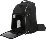 Schwarzer Rucksack mit Mesh-Fenster, Reißverschlussöffnung und seitlichen Netztaschen, oben und hinten Tragegriff.