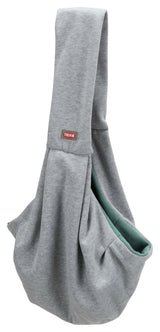 Graue Stoff-Tragetasche mit breitem Träger und grünem Innenfutter, vorne ein Logo mit der Aufschrift "Trixie".