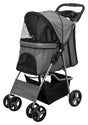 Grauer Kinderwagen mit schwarzem Netz, vier Rädern und schwarzem Griff, geeignet für den Transport von Tieren.