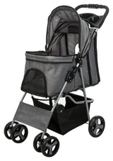 Grauer Kinderwagen mit vier Rädern, schwarzem Netzfenster, Griff und zusätzlichem Stauraum unten.