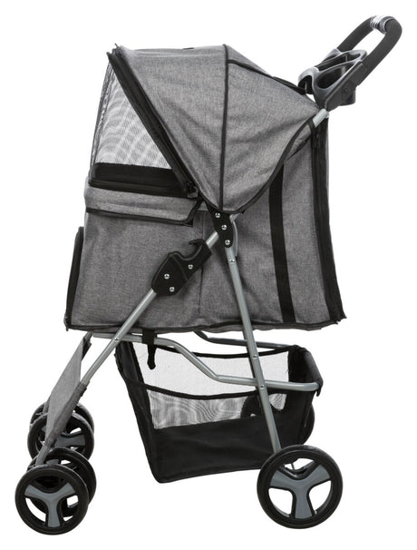Grauer Kinderwagen mit vier Rädern, schwarzem Netzkorb unten und gepolstertem Schiebegriff; seitliche Netzbereiche.