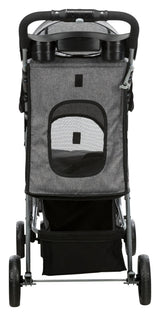 Ein grauer Kinderwagen mit schwarzem Griff und Netzfenster hinten, betrachtet von hinten, auf vier Rädern.