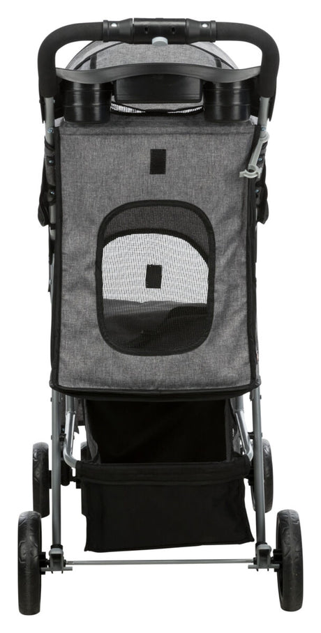 Ein grauer Kinderwagen mit schwarzem Griff und Netzfenster hinten, betrachtet von hinten, auf vier Rädern.