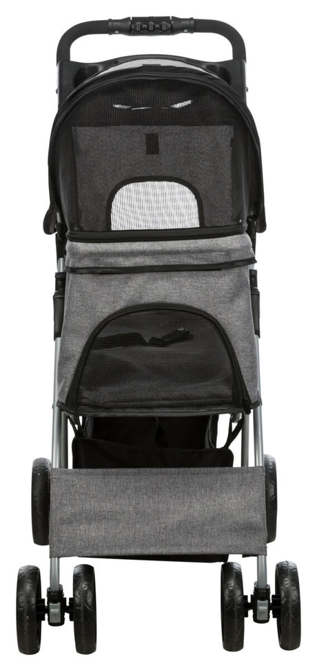 Ein grauer Kinderwagen mit vier doppelten Rädern, einem schwarzen Netz und verstellbarem Schiebegriff.