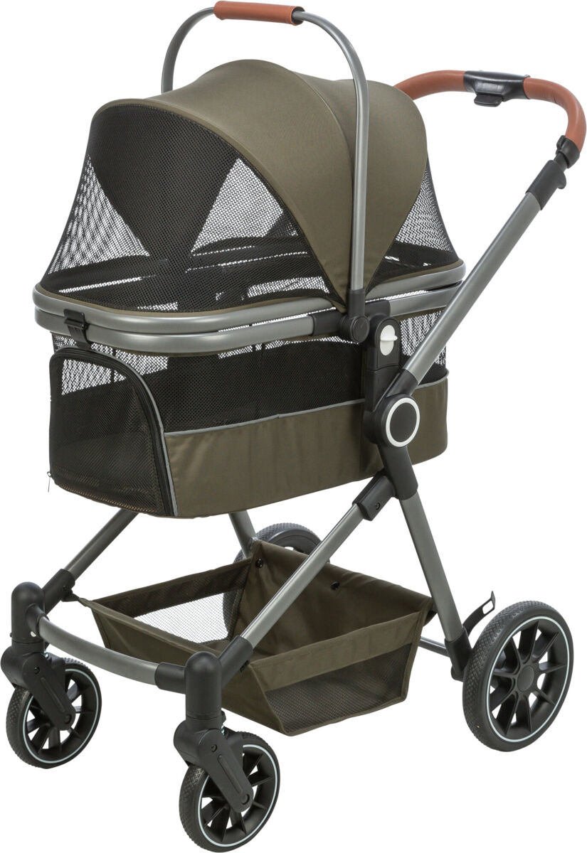 Kombikinderwagen in Olive und Schwarz mit vier Rädern, Netzabdeckung und verstellbarem Griff.