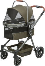 Kombikinderwagen in Olive und Schwarz mit vier Rädern, Netzabdeckung und verstellbarem Griff.