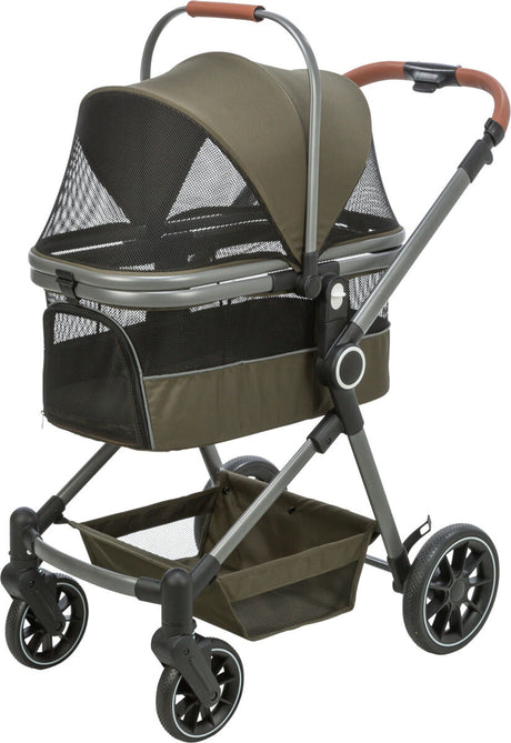 Kombikinderwagen in Olive und Schwarz mit vier Rädern, Netzabdeckung und verstellbarem Griff.
