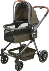 Ein grauer Kinderwagen mit braunen Griffen und schwarzen Rädern, inklusive Korb unter der Hauptsitzfläche.