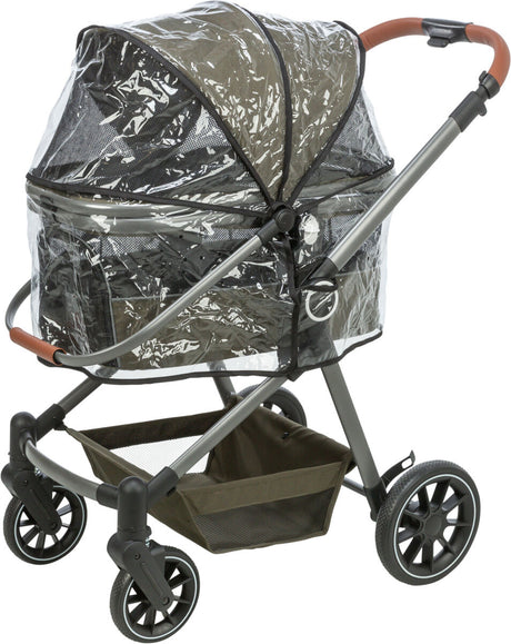 Kinderwagen mit durchsichtiger Regenabdeckung, schwarzem Gestell und braunem Griff.