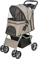 Ein beigefarbener Kinderwagen mit schwarzen Netzabdeckungen, vier Rädern und einem Griff für den Schiebevorgang.